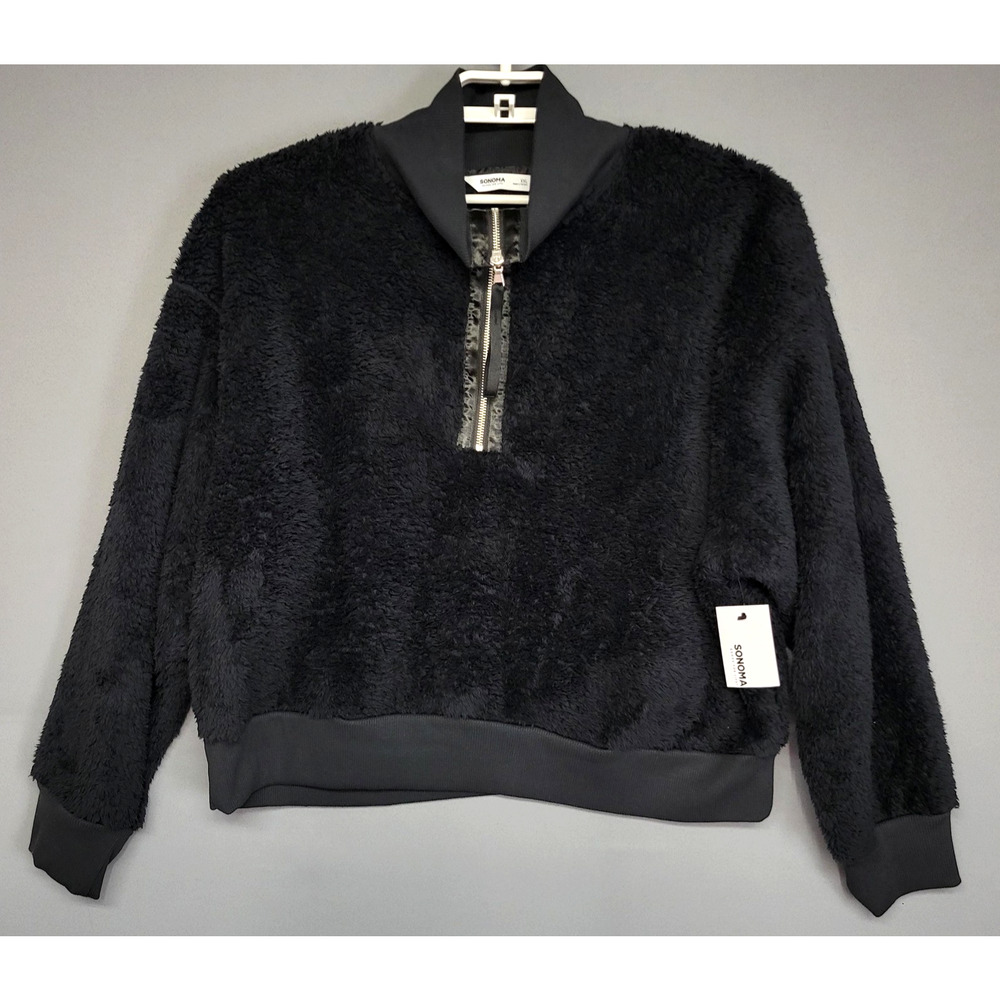 Sonoma Ivory Sherpa Cozy Soft Sweater Womens XXL Faux Fur Fleece Black New - Picture 2 of 12